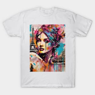 Lady in Paris, Graffiti art, splash art, street art, spray paint, colourful art T-Shirt